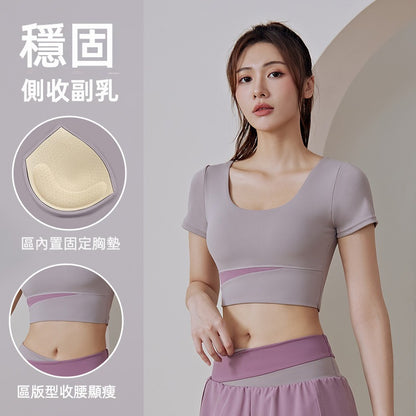 【TBa04】瑜珈跑步健身緊身運動速乾帶胸墊瑜伽撞色短袖★Chiu3★
